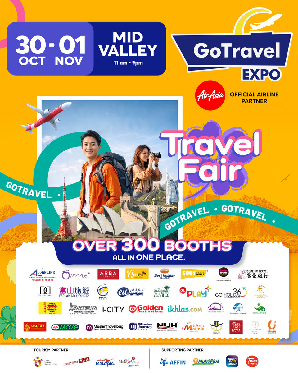 GoTravel Expo event poster with participating exhibitor logos and event partners