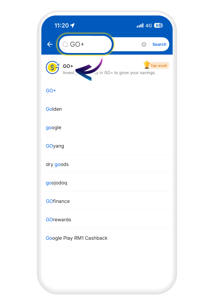 Search for "GO+" in the search bar and click on the "GO+" icon