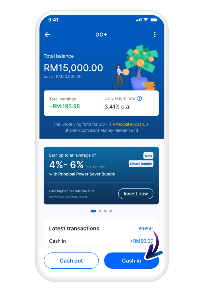 Tap on the "Cash In" button and cash in however much you like, starting from RM10