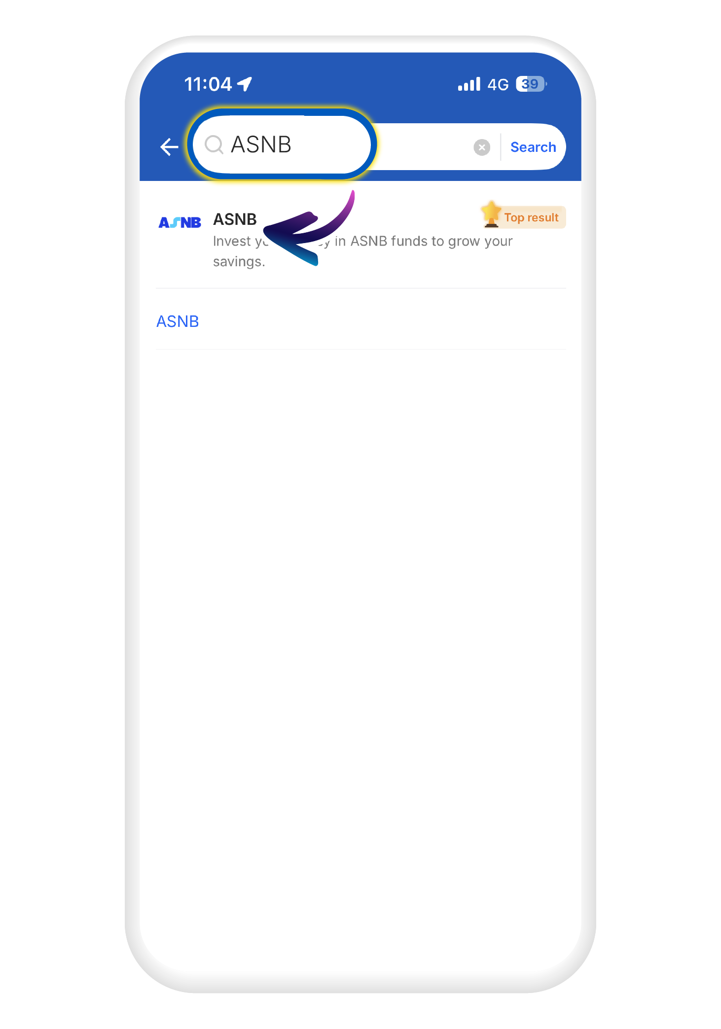 Search for "ASNB" in the search bar and click on the "ASNB" icon