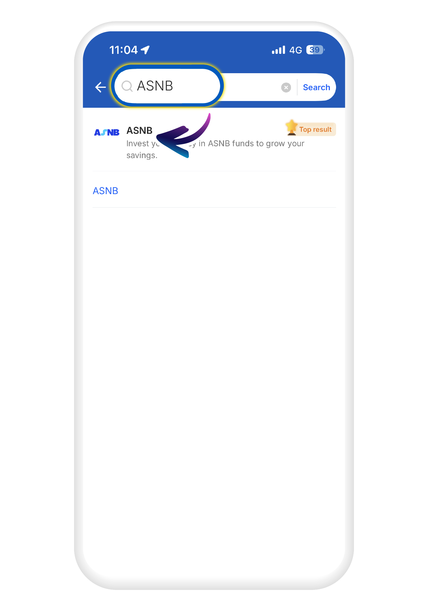 Search for "ASNB" in the search bar and click on the "ASNB" icon