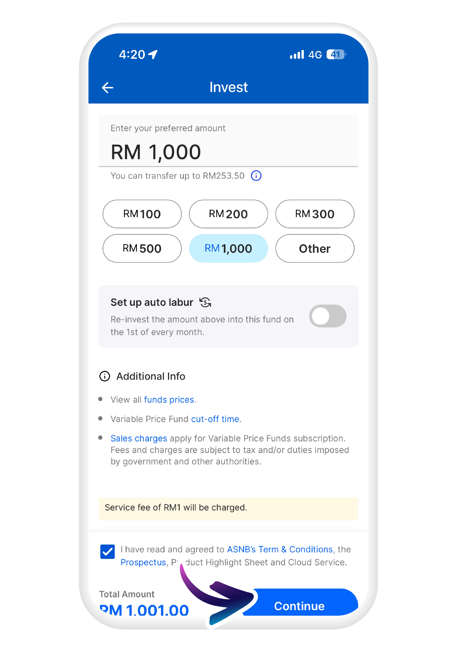 Input the amount you wish to invest, and tap on the "Continue" button
