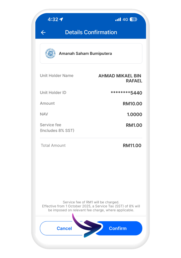 Tap "Confirm" and enter your 6-digit PIN to complete your investment.