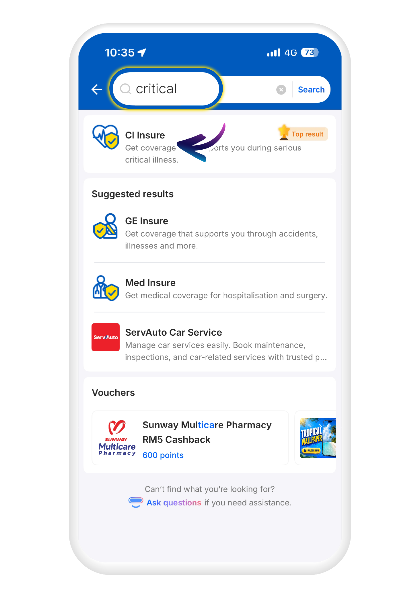 Search "critical" on TNG eWallet and tap "CI Insure"​