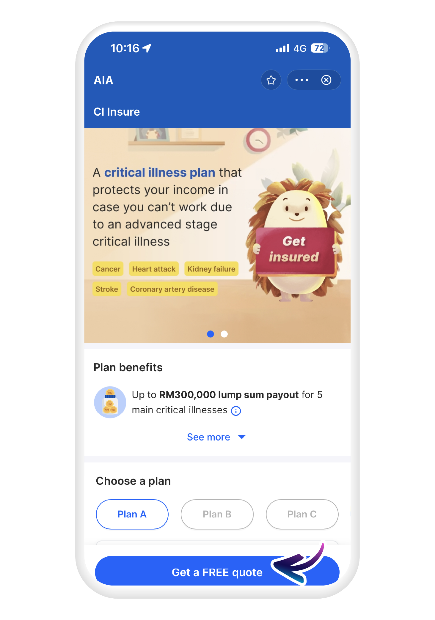 Review benefits and tap "Get a FREE quote" to continue​