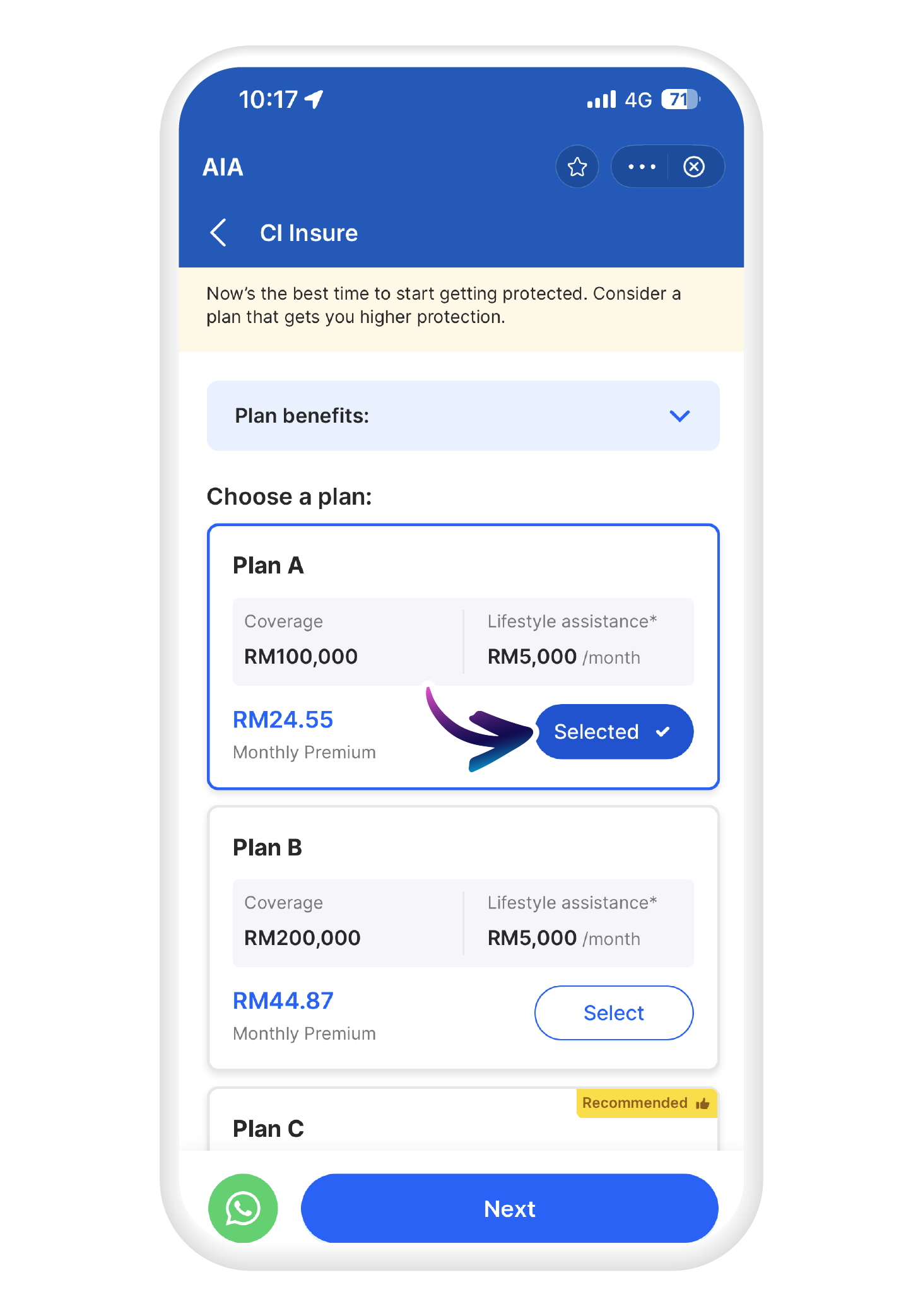 Choose your plan then tap "Next" to select payment mode