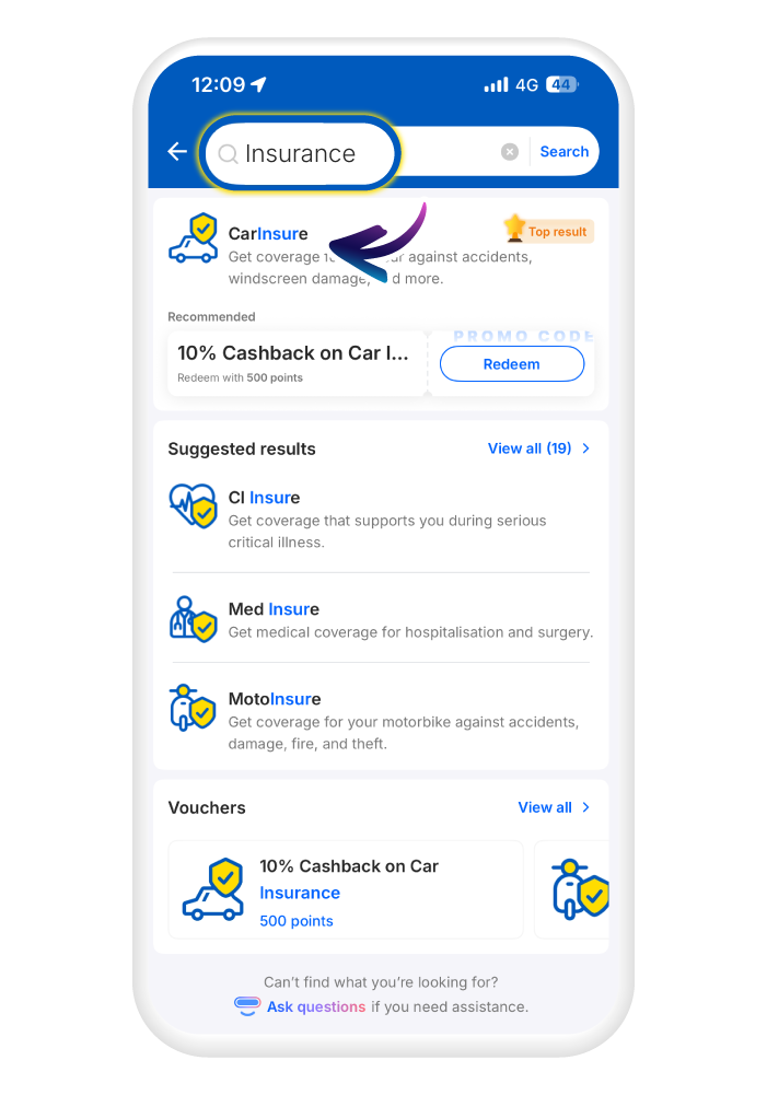 Search "insurance" on TNG eWallet and tap "CarInsure"