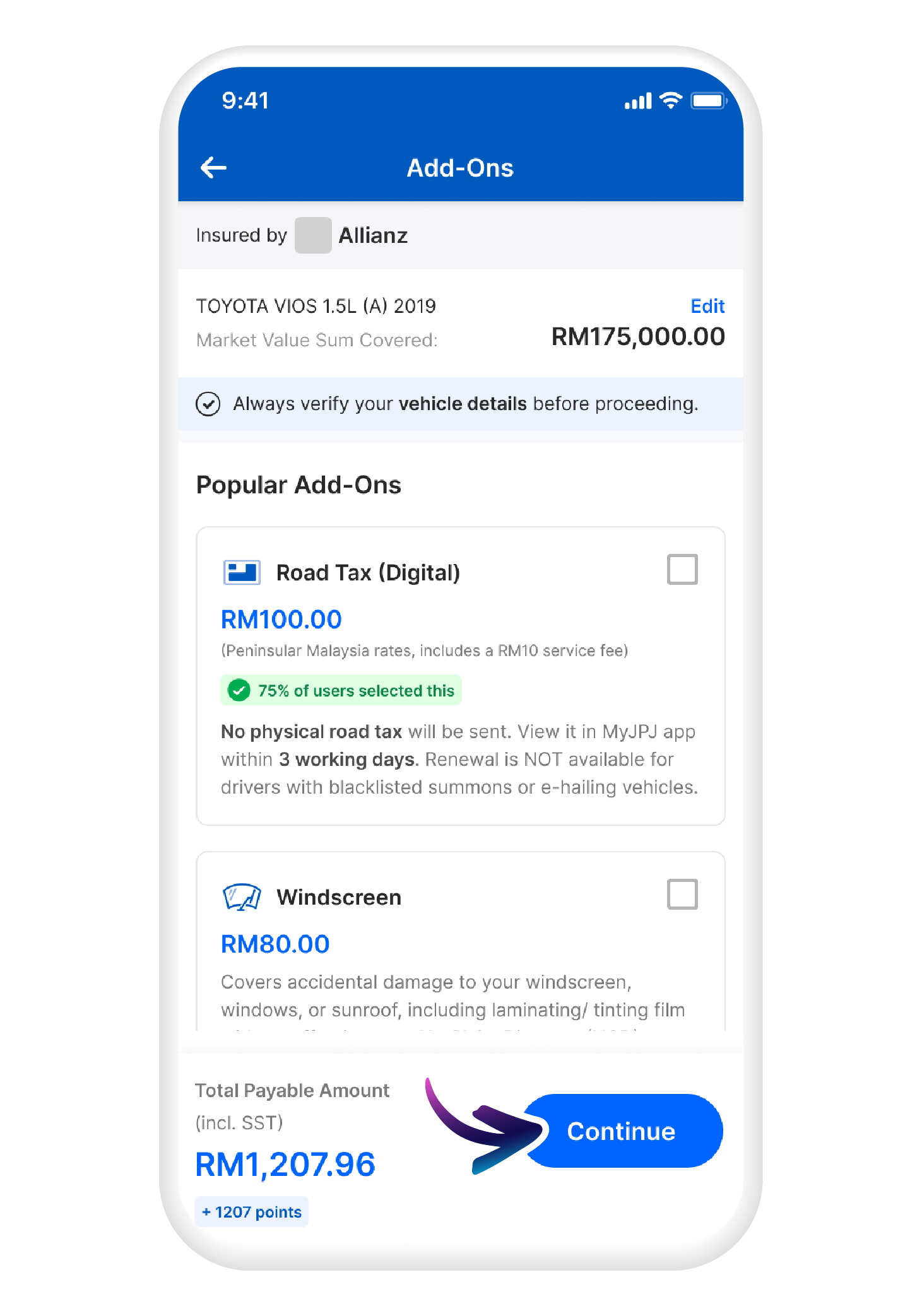 Choose your add-ons and tap "Continue"
