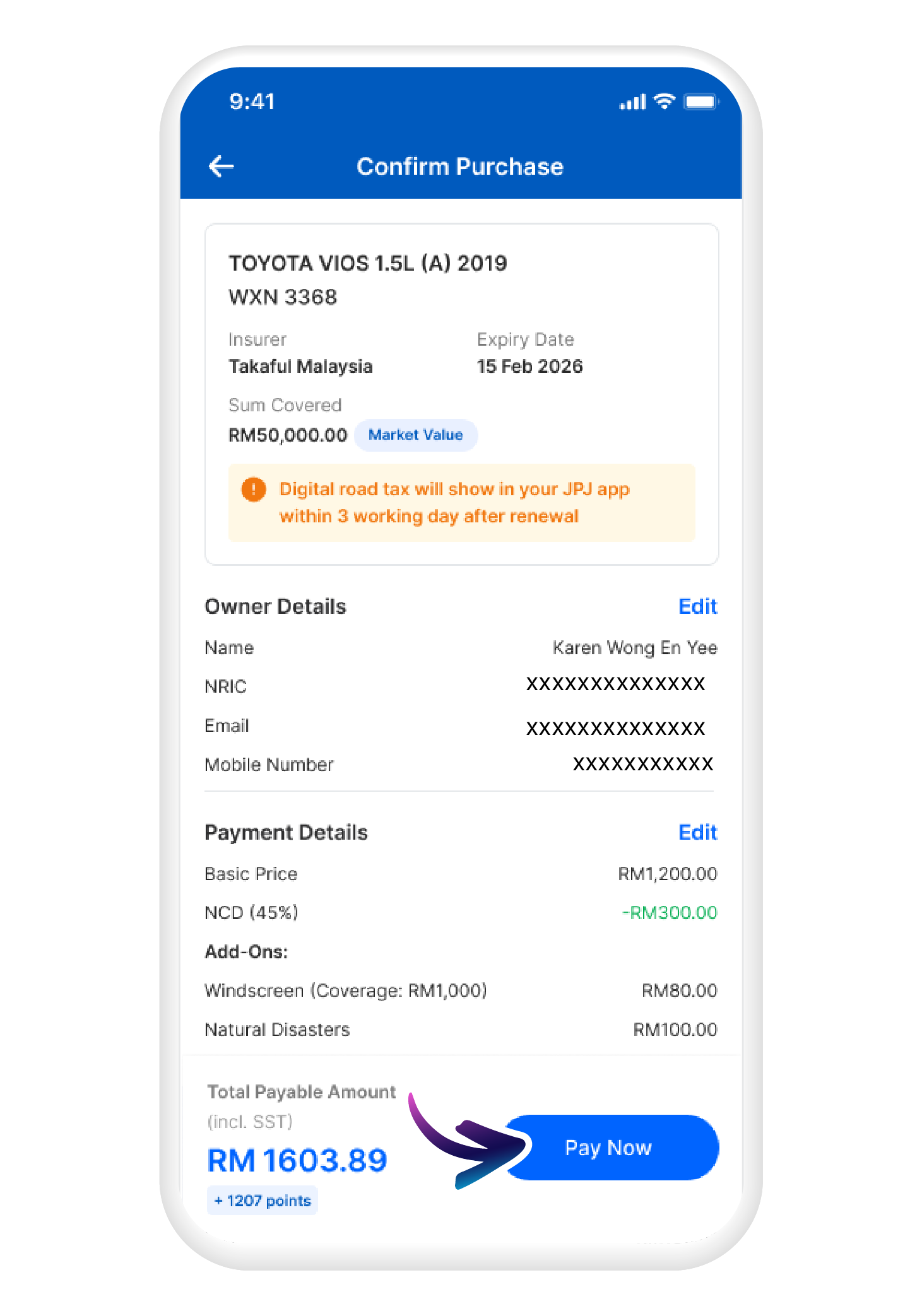 Review the details and tap "Pay Now" to complete