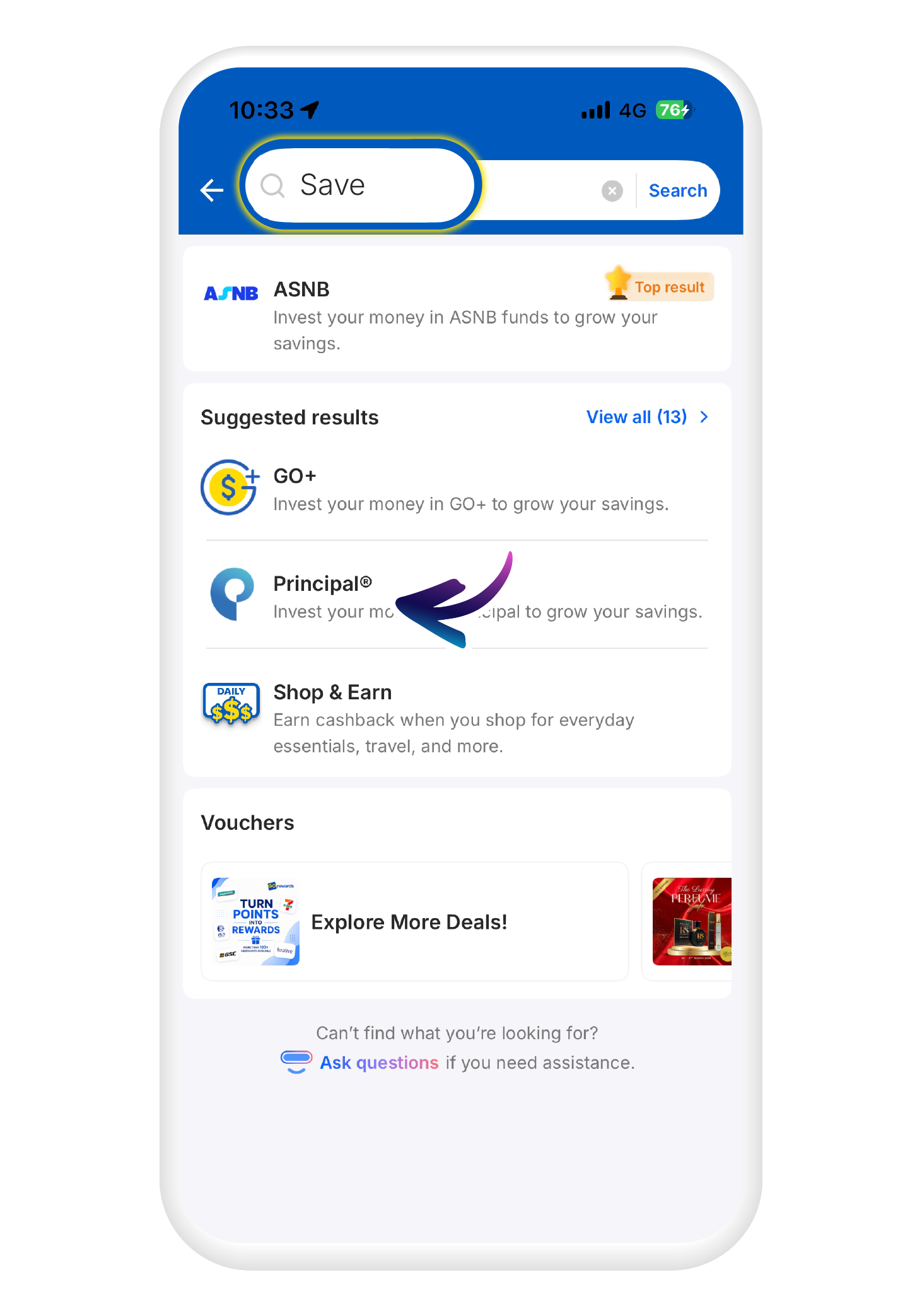 Search for "SAVE" in the search bar and click on the "Principal" icon​