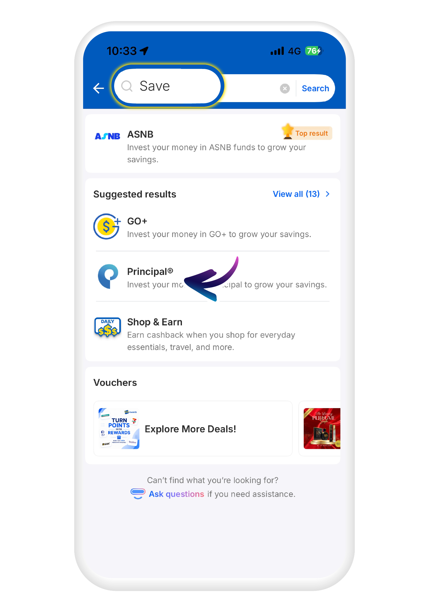 Search for "SAVE" in the search bar and click on the "Principal" icon​