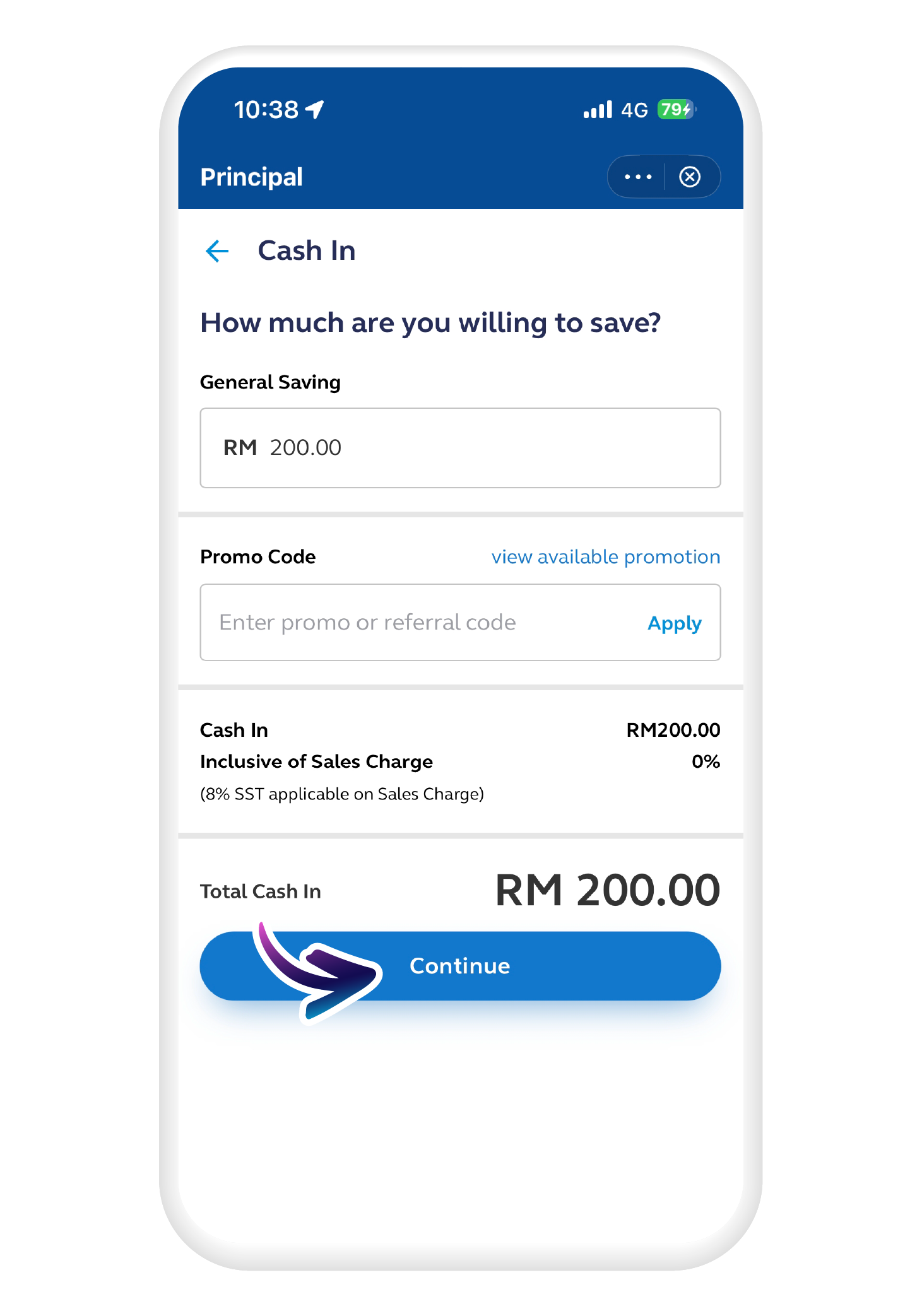 Enter the amount you wish to save, and tap "Continue" to proceed​