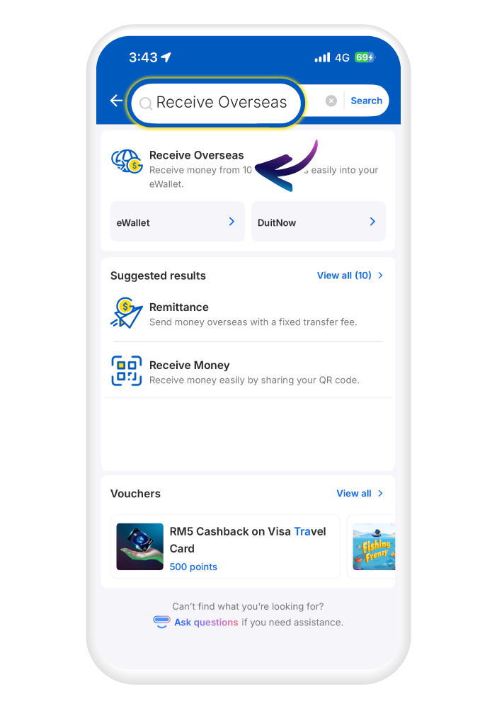 Search "Receive overseas" in the search bar and tap the "Receive overseas" icon