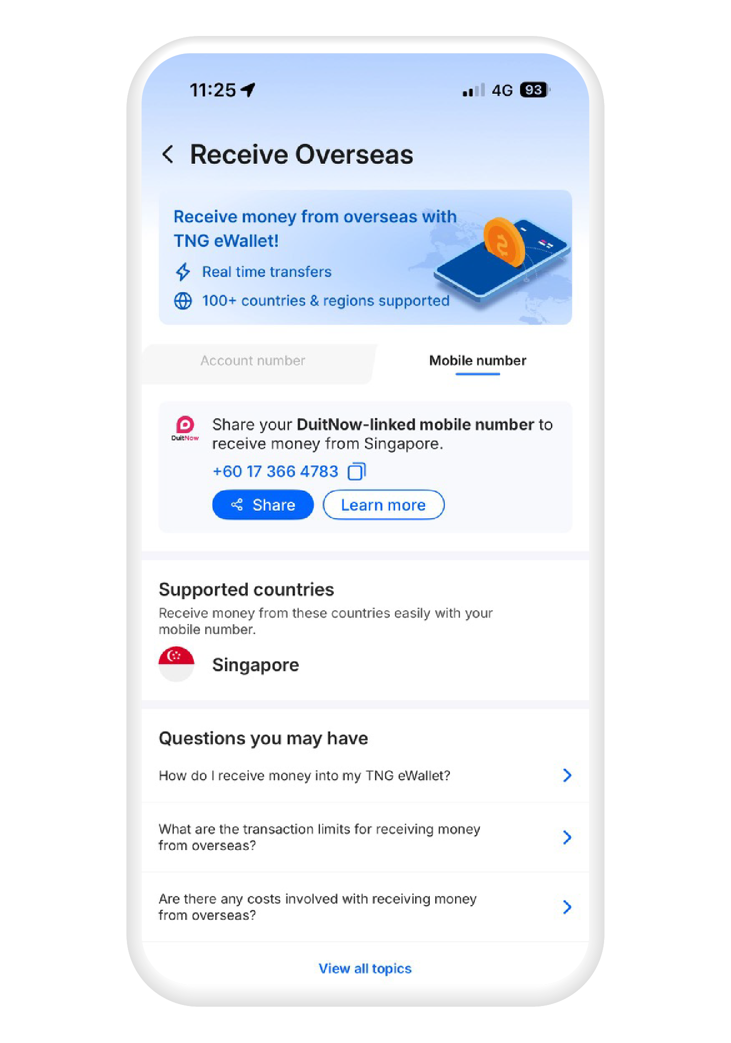 Copy your account number and share it with the sender