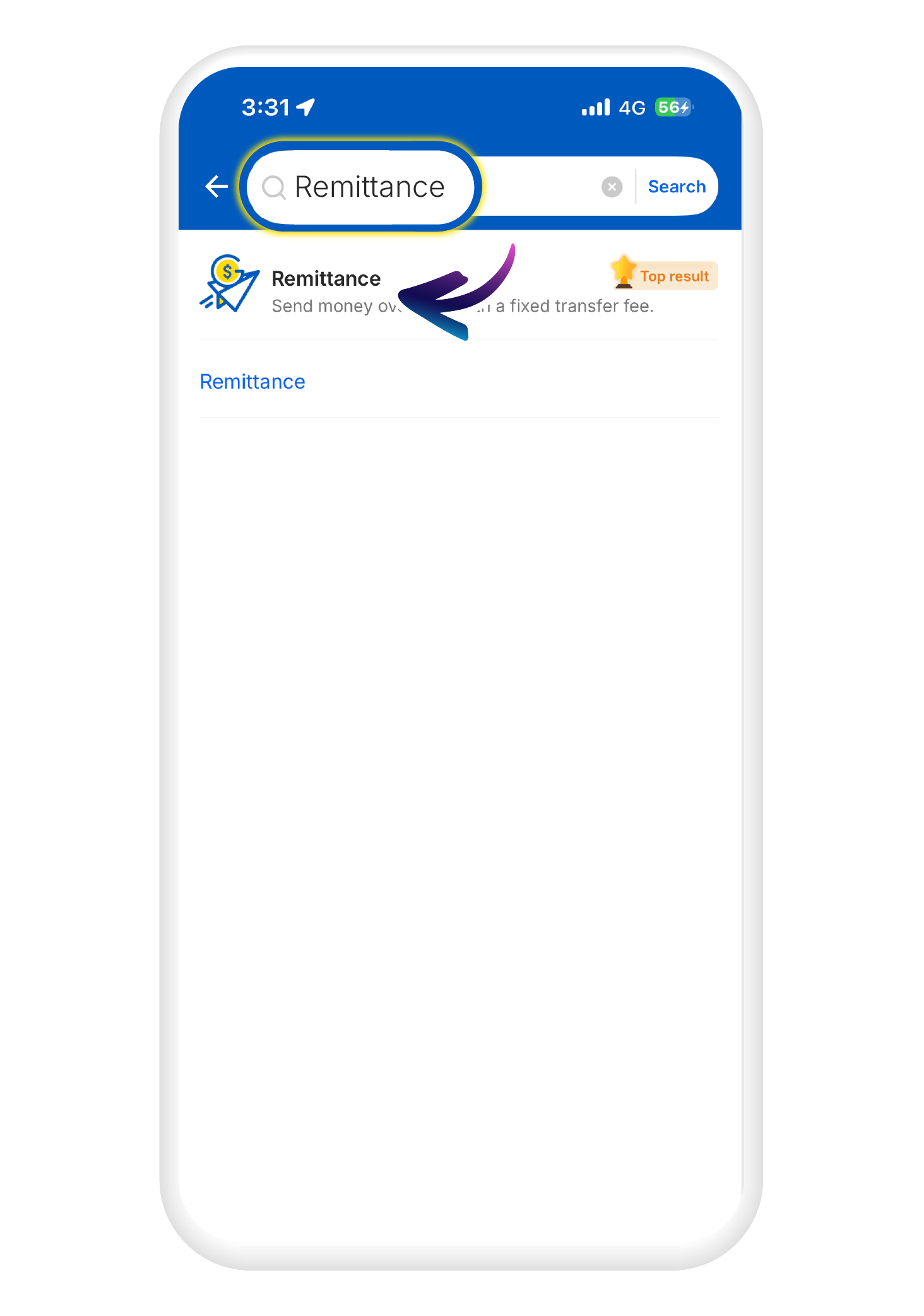 Search for "Remittance" in the search bar and tap the "Remittance" icon