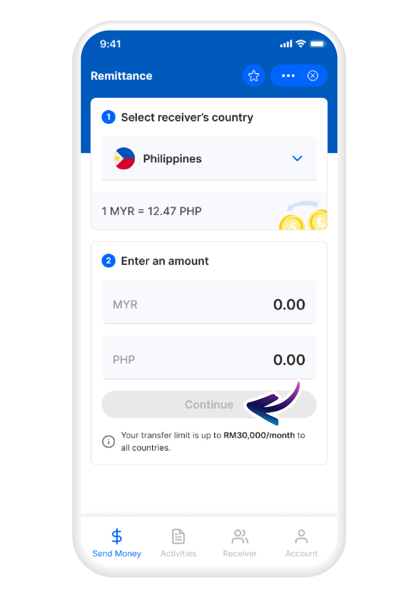 Choose the receiving country, and input the amount you wish to transfer