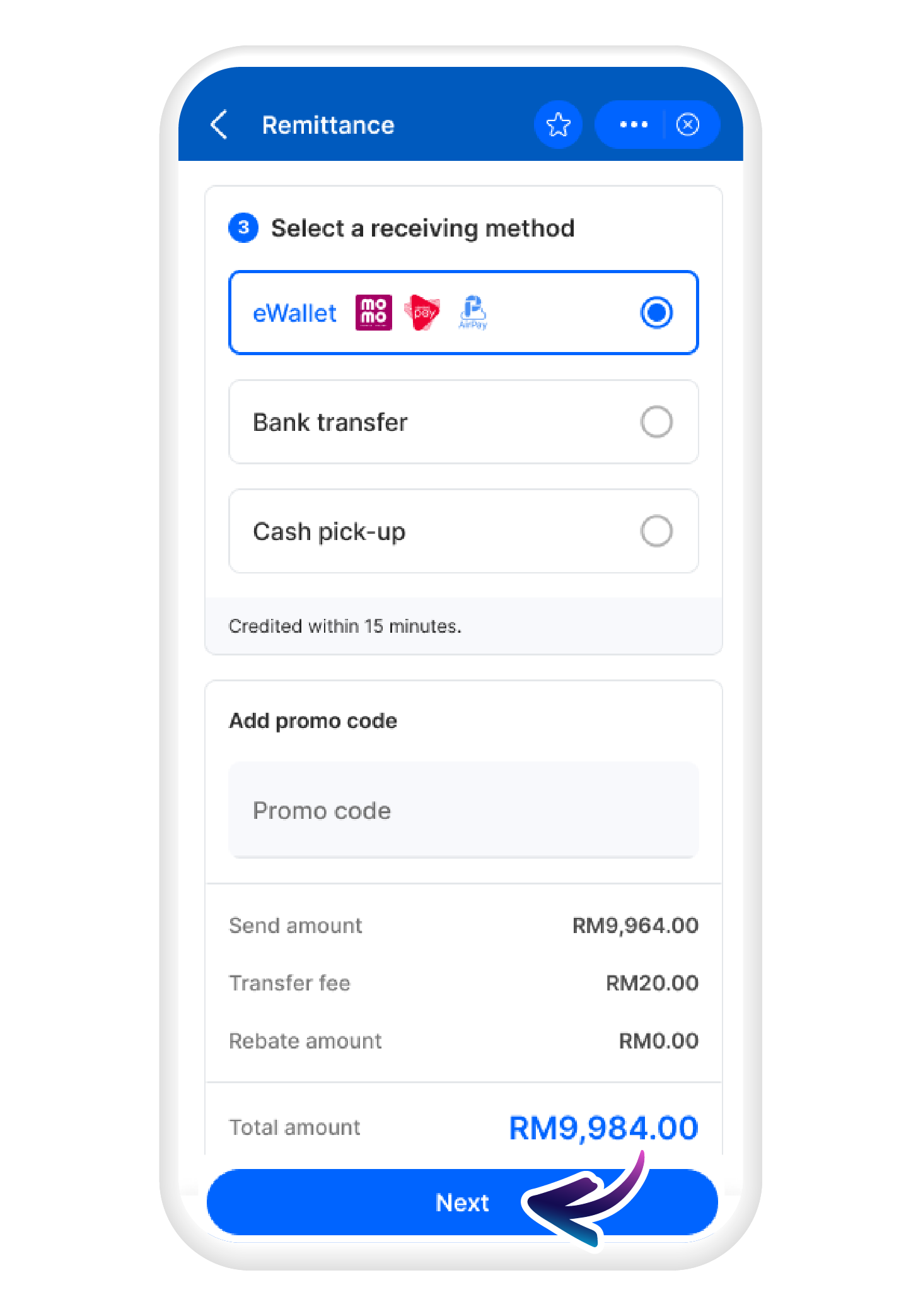 Choose a receiving method and tap on "Next"