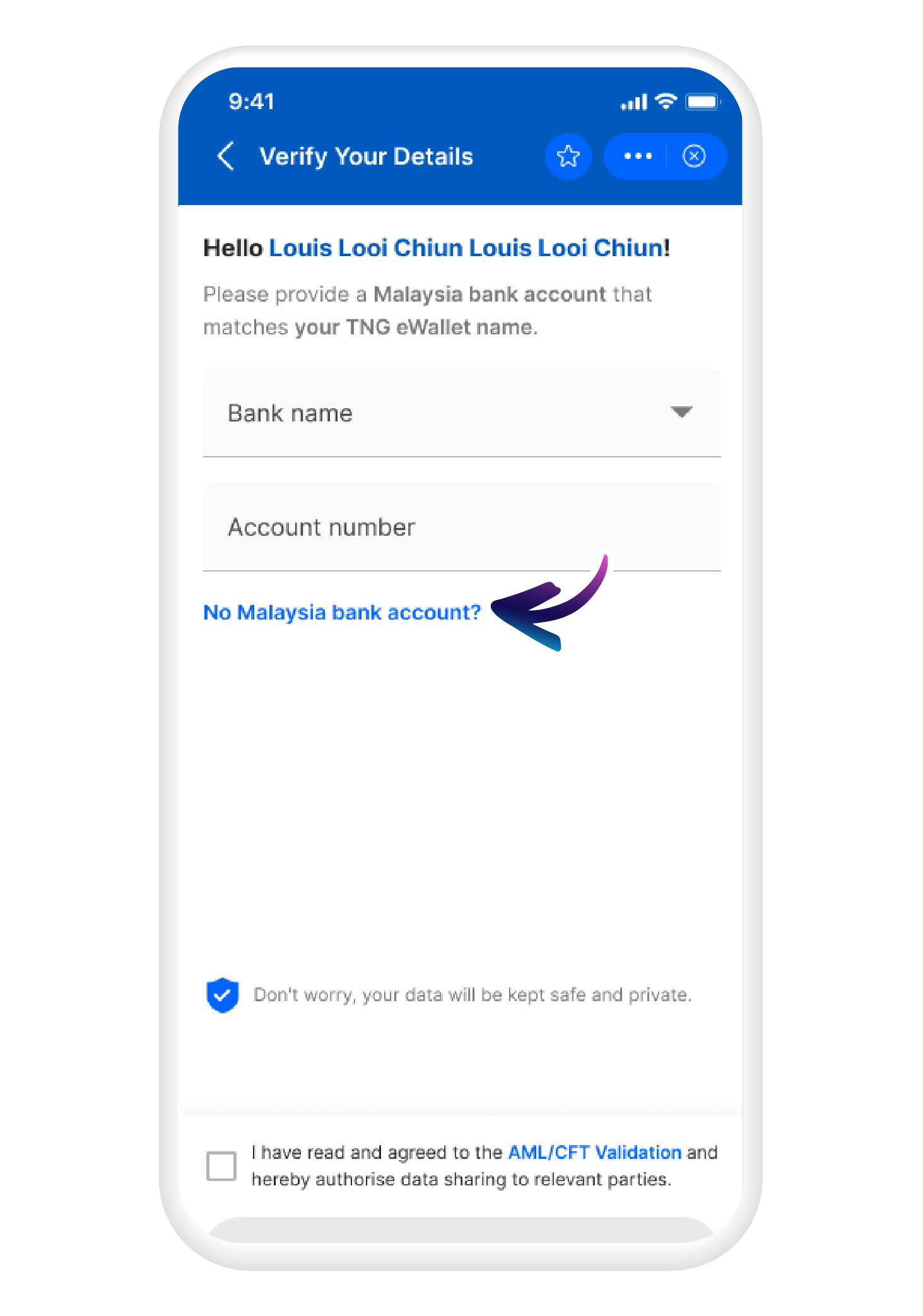 Tap on "No Malaysian bank account?" 