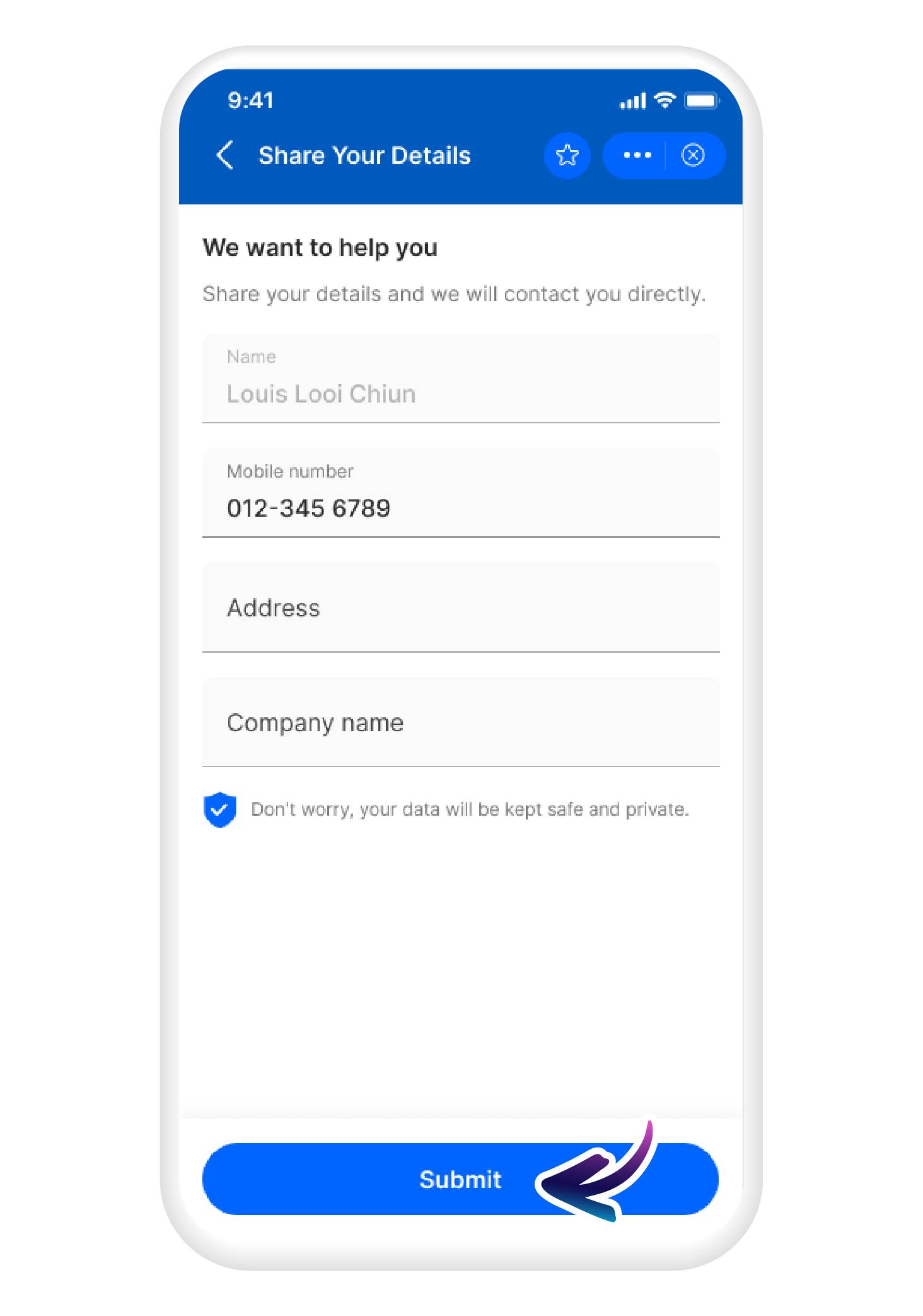 Fill out the form and tap the "Submit" button