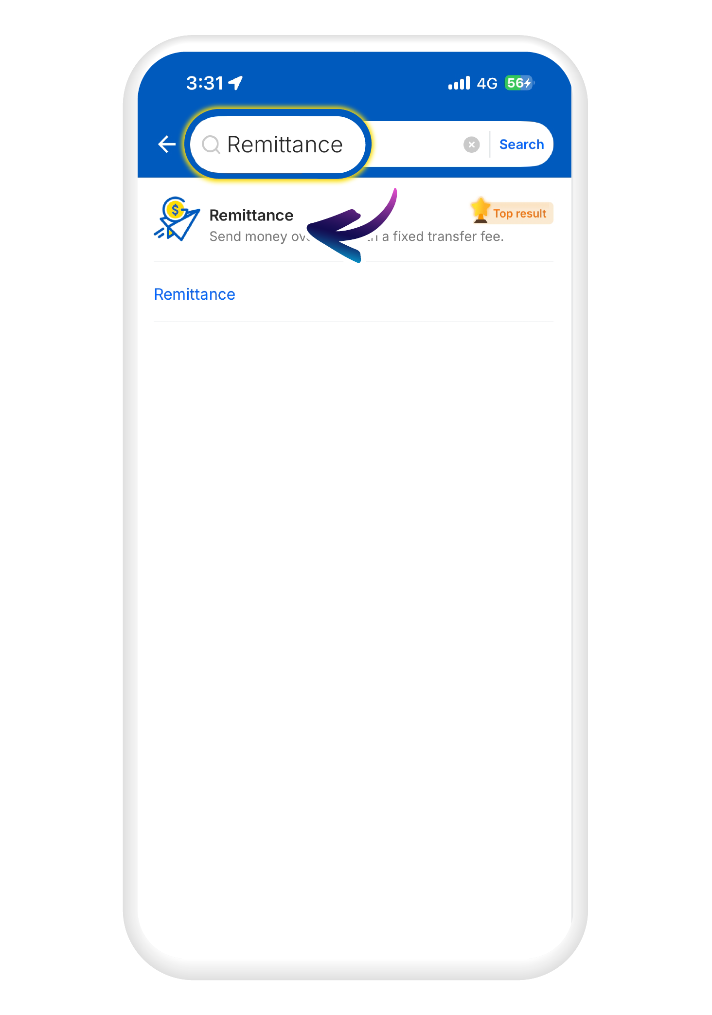 Search for "Remittance" in the search bar and tap the "Remittance" icon