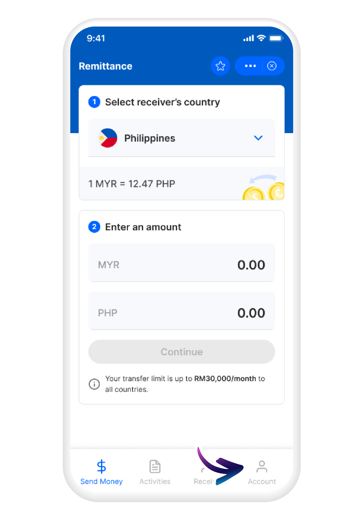 Tap on "Account" on the bottom right of the page