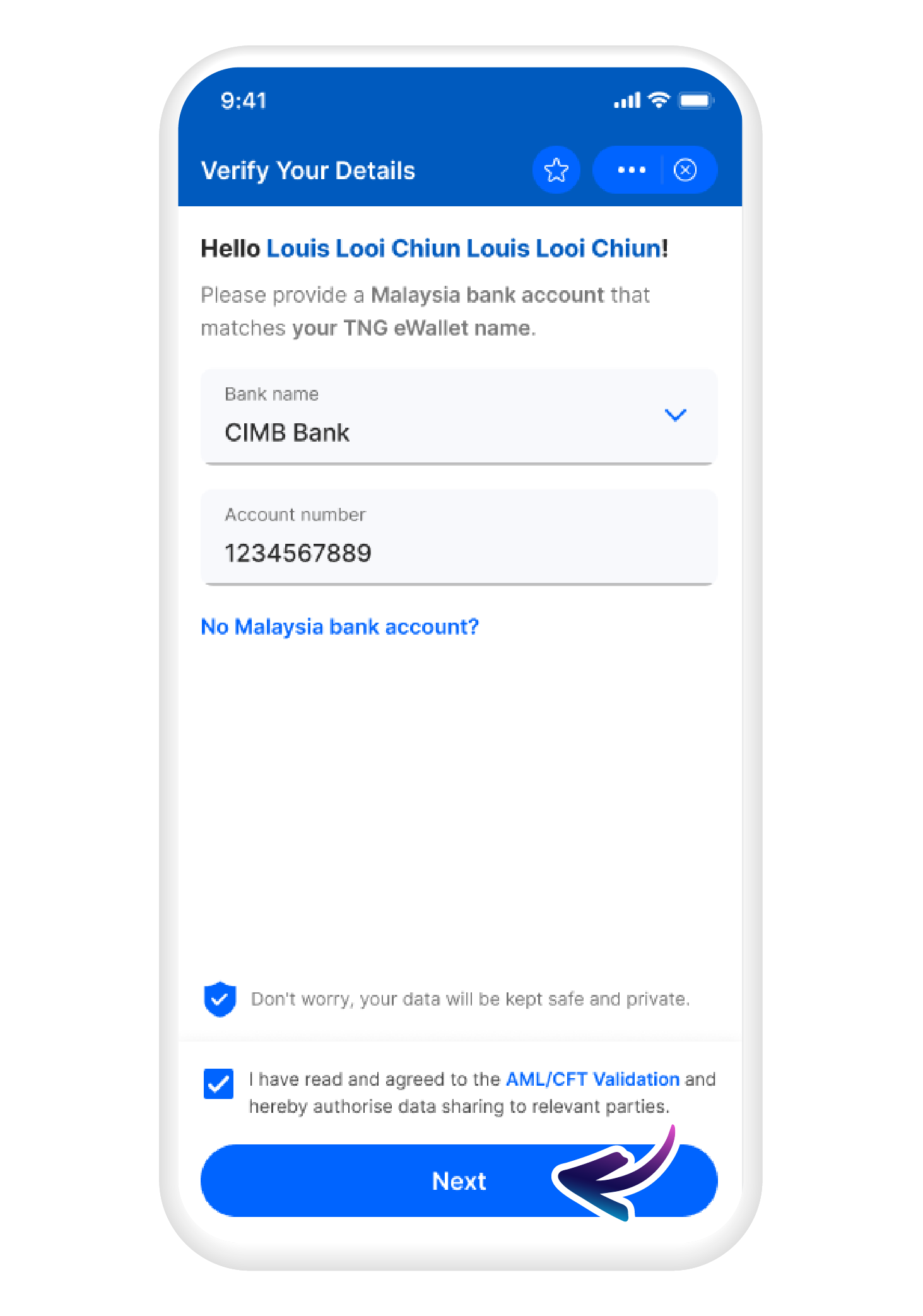 Fill out your details and tap on "Next"