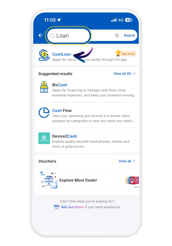 Search "loan" on TNG eWallet and tap CashLoan