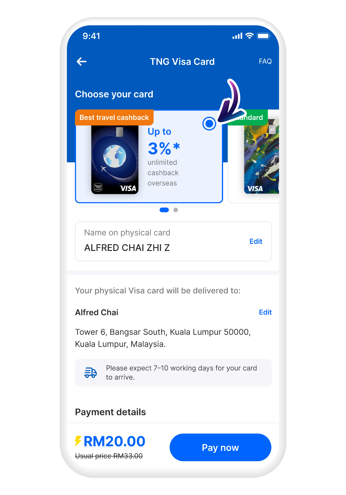 Select the TNG eWallet Travel Visa Card