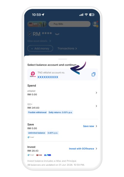 Tap on "Add money" and copy "TNG eWallet account no."
