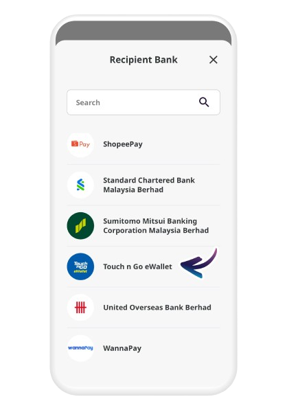 Select "Touch 'n Go eWallet" as your recipient