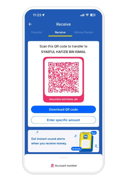 Scan your "Duitnow QR code" to transfer