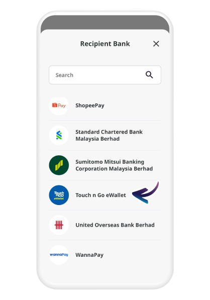 Select "Touch 'n Go eWallet" as recipient