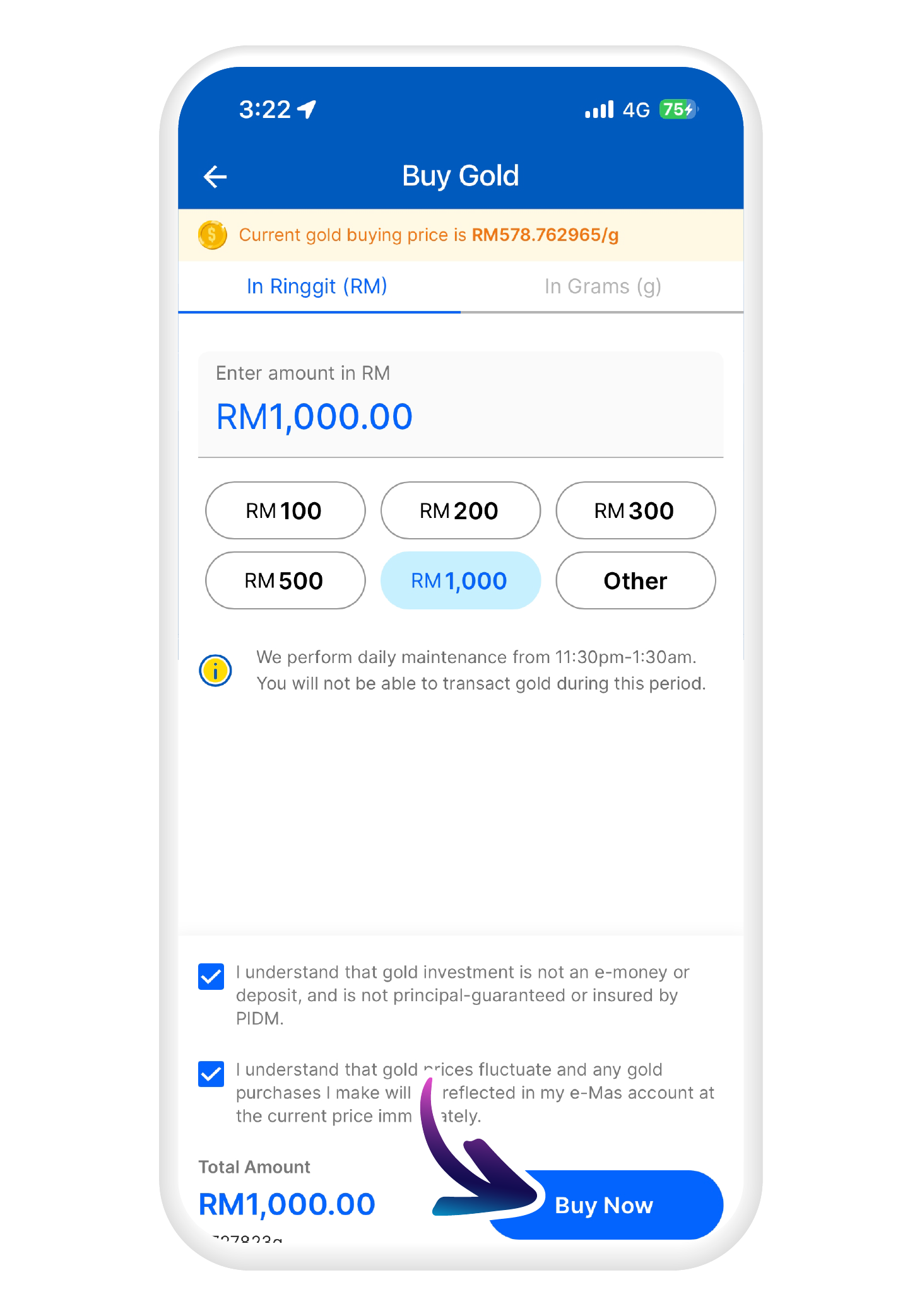 Enter the amount you wish to buy and tap on "Buy Now"​​
