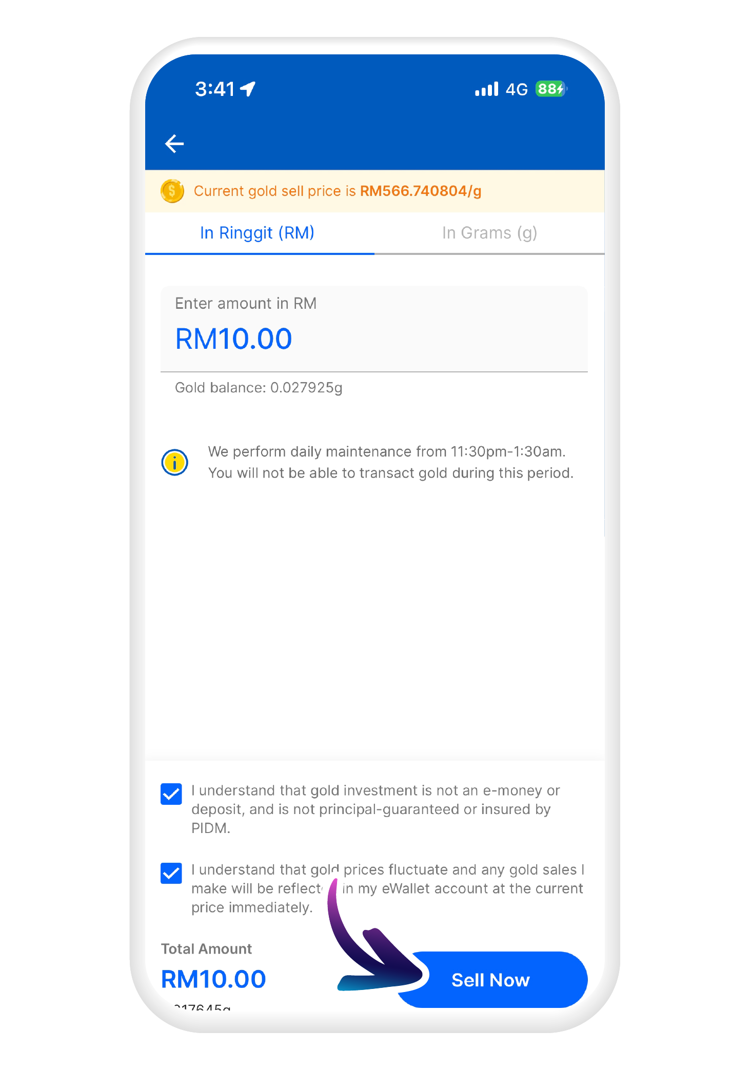 Input the amount you want to sell, and then tap on "Sell Now"​