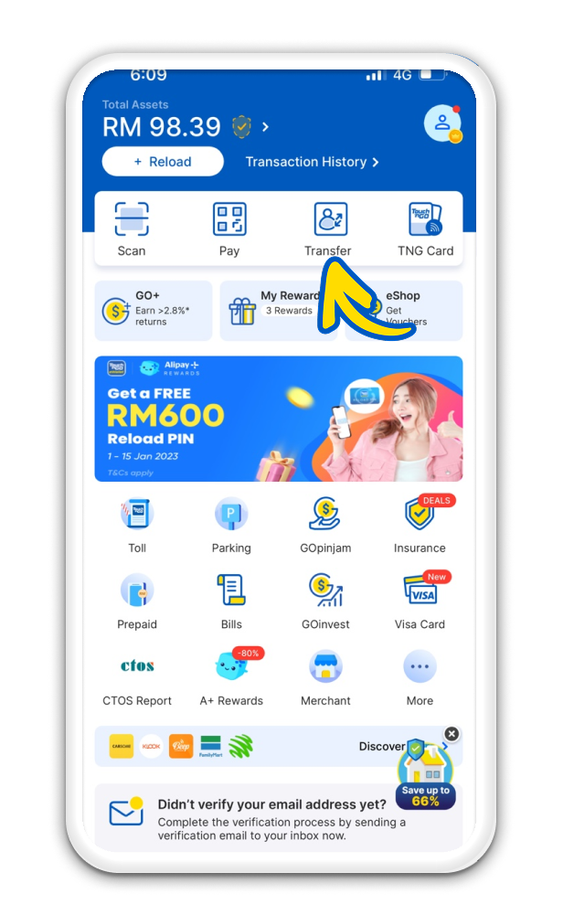 Tap “Transfer” and then on “Money Packet”