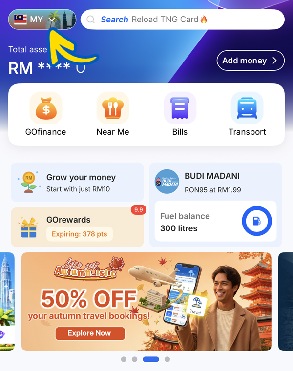 Step 1: tap the country toggle in TNG eWallet