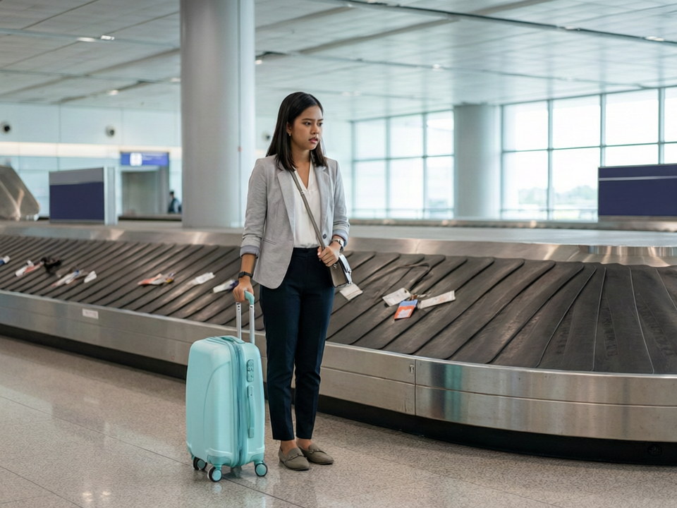 Traveller waiting beside an airport baggage carousel