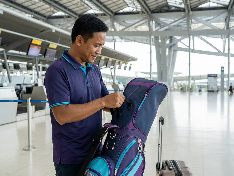 Traveller checking golf equipment at the airport