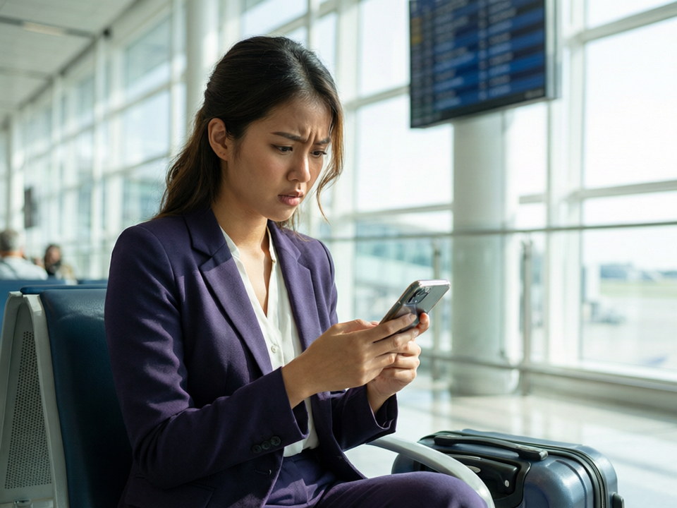 Traveller checking a delayed flight at the airport