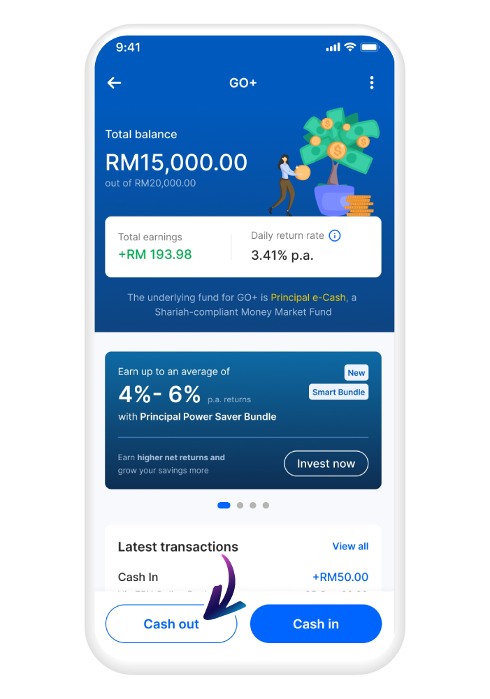 Tap on the "Cash Out" button and wihtdraw whatever amount you like