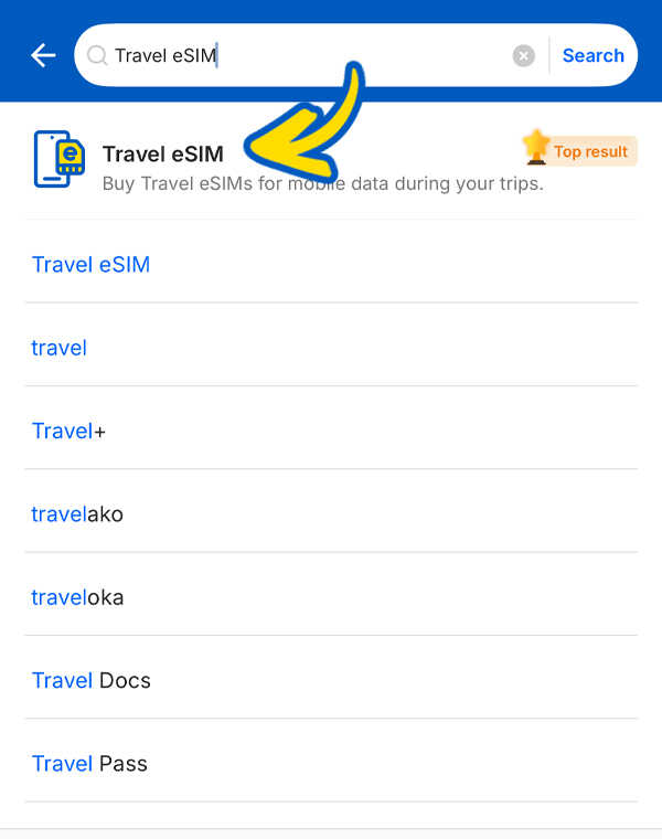 Step 1: search Travel eSIM in TNG eWallet