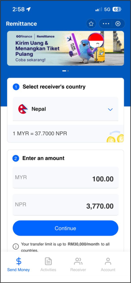 Remittance home — select Nepal and enter an amount