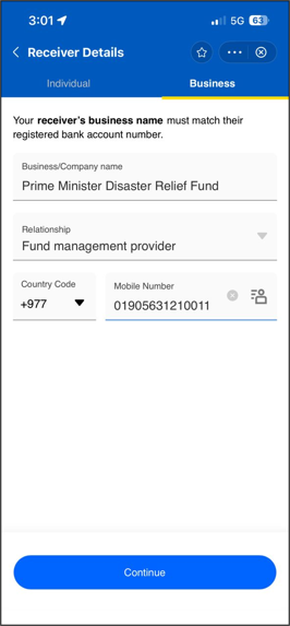 Receiver Details — Business tab with fund name and account number