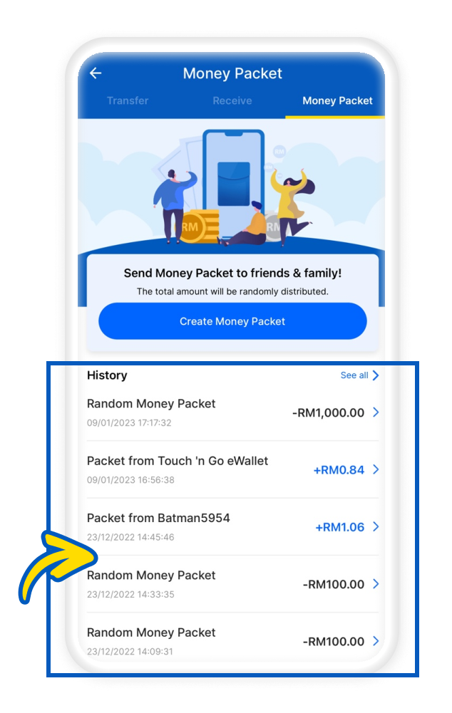 From the Money Packet tab, tap on any transaction history