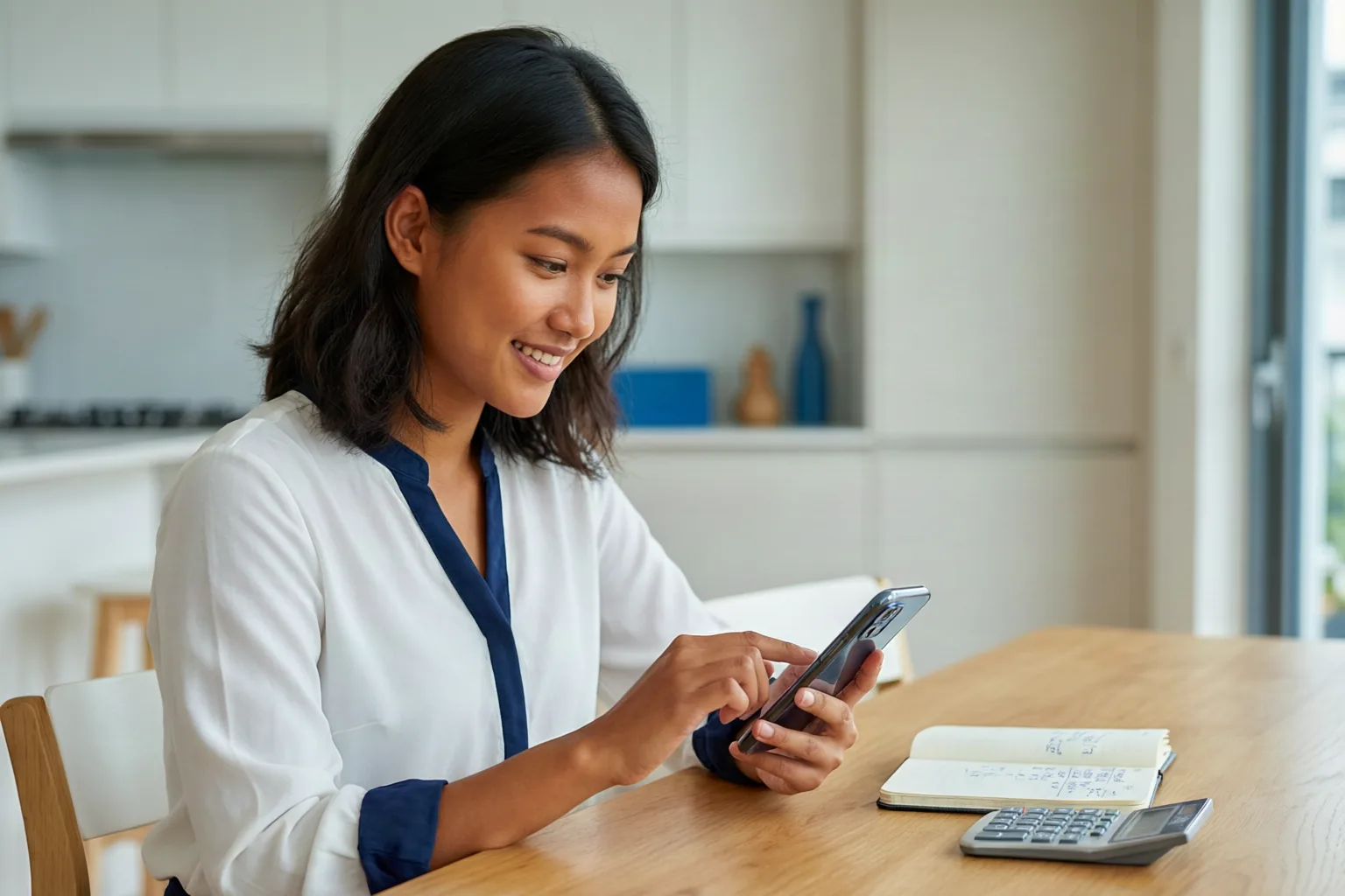 A sender checking her phone before making a transfer