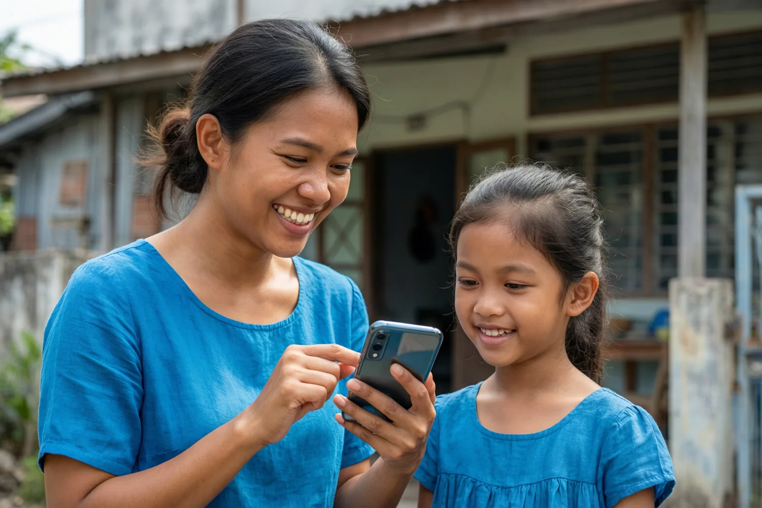 A mother receiving money support on her phone