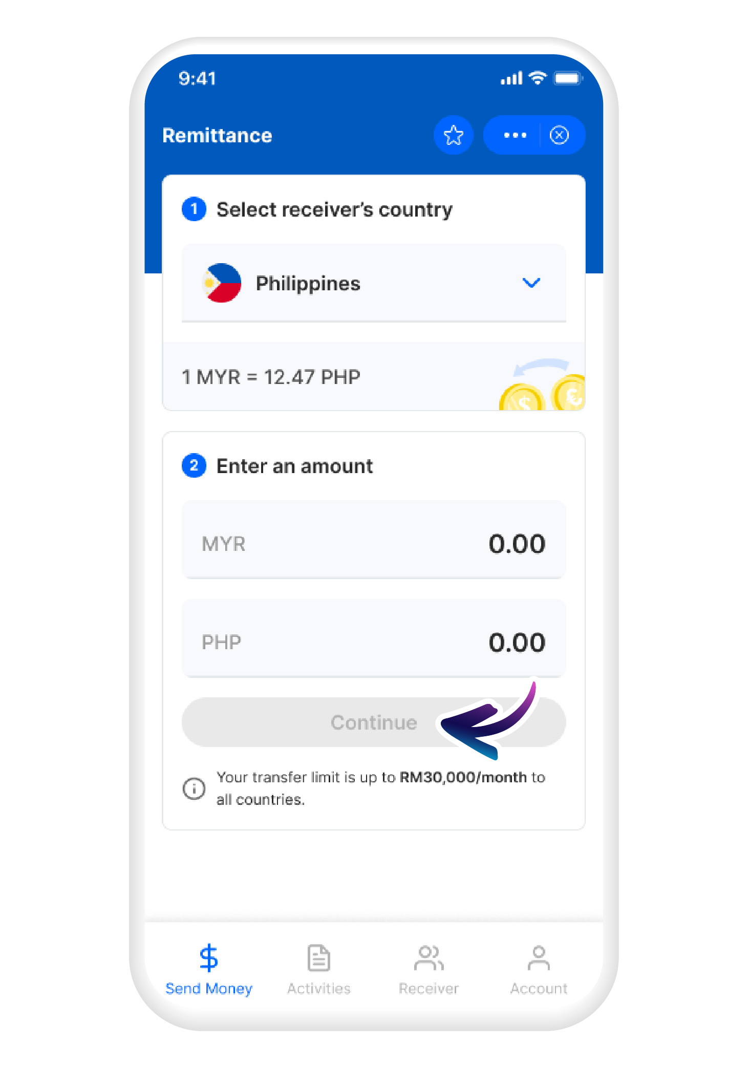 Choose a country and enter the transfer amount