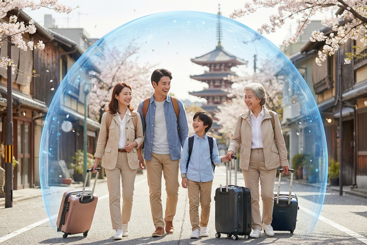 Family travelling in Japan under a protective dome