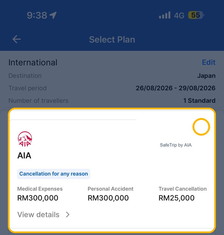 AIA plan highlighted on the TripInsure selection screen
