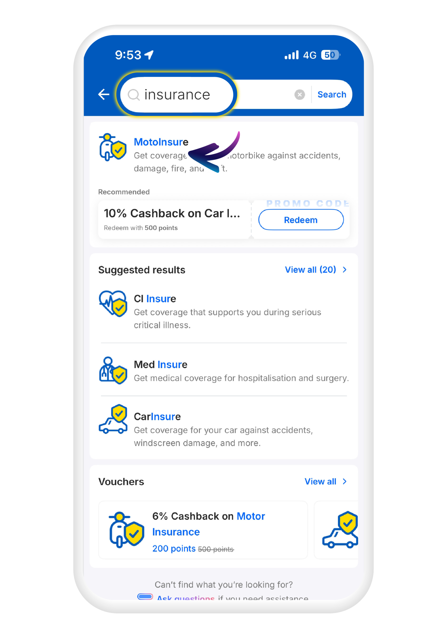 Search "insurance" on TNG eWallet and tap "MotoInsure"